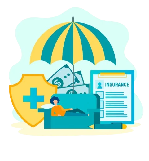 Illustration showing life and health insurance support with medical and financial icons.