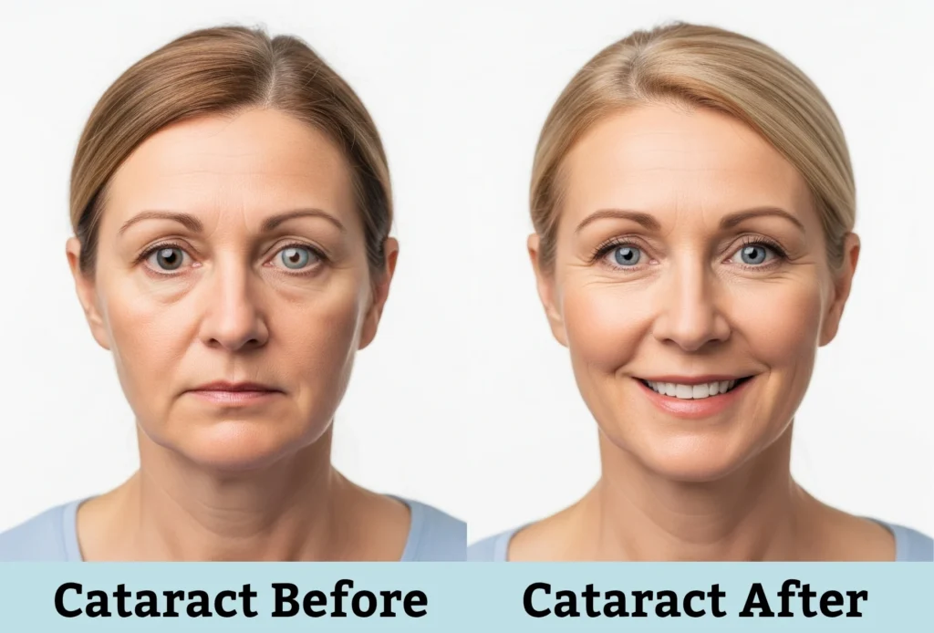 Before and after cataract surgery showing clear vision results